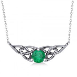 Celtic Round Emerald Pendant Necklace 14k White Gold (0.48ct)