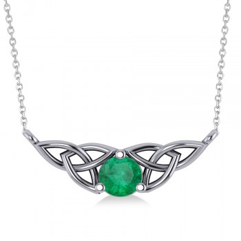 Celtic Round Emerald Pendant Necklace 14k White Gold (0.48ct)