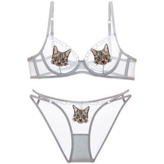 Wireless Cat Embroidered Bra / Thongs / Panty / Set