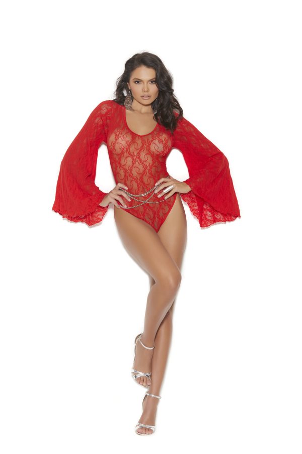Long Sleeve Lace Teddy - One Size - Red