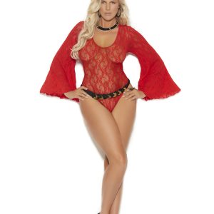 Long Sleeve Lace Teddy - Queen Size - Red