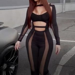 Long-Sleeve Cutout Mesh Panel Fitted Jumpsuit