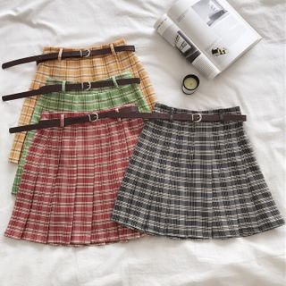 Belted Plaid Mini A-Line Pleated Skirt