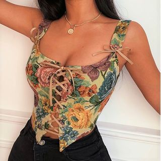 Floral Embroidered Lace-Up Corset Top