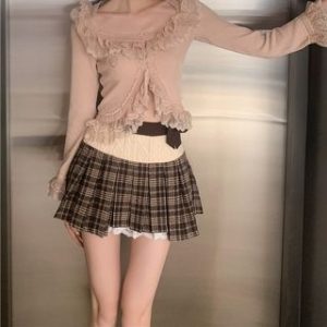 High Waist Knit Panel Plaid Pleated Mini A-Line Skirt