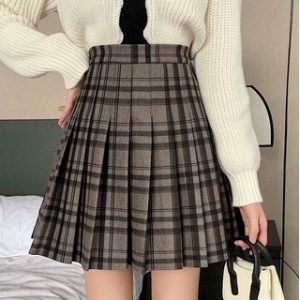 High Waist Plaid Faux Suede Mini A-Line Pleated Skirt