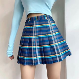 High-Waist Pleated Plaid A-Line Mini Skirt