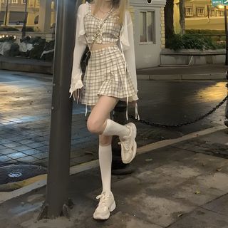 Plaid Cropped Camisole Top / Mini Skirt / Bolero