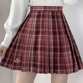 Plaid Pleated Mini A-Line Skirt / Ribbon Bow Tie