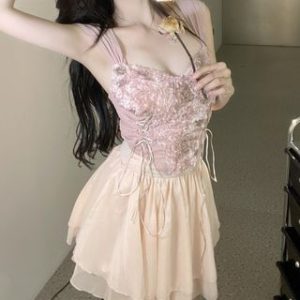 Sleeveless Lace Corset Top / High Waist Balletcore A-Line Skirt