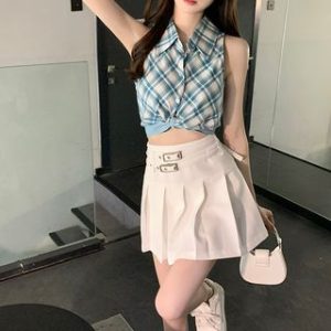 Sleeveless Plaid Crop Top / High Waist Pleated Mini A-Line Skirt