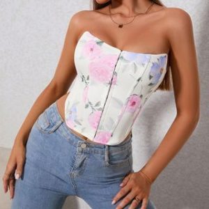 Strapless Floral Lace-Up Back Corset Top