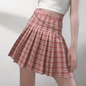 High Waist Plaid Pleated Mini A-Line Skirt / Waist Chain
