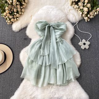 Strapless Bow Detail Layered Mini Cocktail Dress