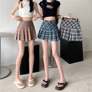 High Waist Plaid Slit Pleated Mini A-Line Skirt