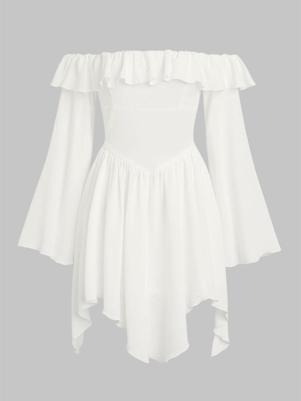 Mini Dress ZAFUL Hanky Hem Off Shoulder Ruffles Flare Sleeve Mini Dress L White