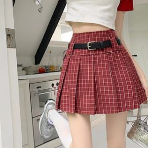 Set: High Waist Plaid Pleated Mini A-Line Skirt + Faux Leather Belt