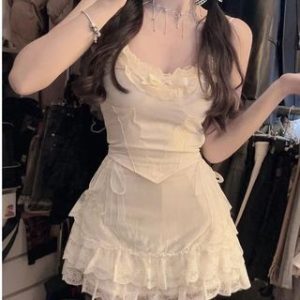 Balletcore Plain Lace Trim Crop Cami Top / High Waist Mini A-Line Skirt