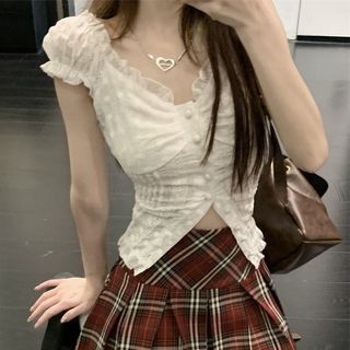 Cap Sleeve V-Neck Plain Embroidered Eyelet Frill Ruched Blouse / High Waist Plaid Pleated Mini A-Line Skirt