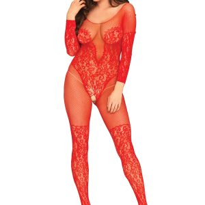 Vine Lace & Net Long Sleeved Bodystocking - One Size - Red