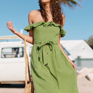 Alejandra Green Off Shoulder Ruffle Tea Length Dress