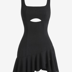 Bodycon Dress ZAFUL Ruffled Hem Cut Out Solid Square Neck Mini Vegas Dress M Black