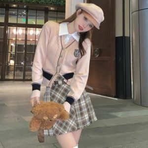 Collared Applique Mock Two Piece Cable Knit Cardigan / High Waist Plaid Pleated Mini A-Line Skirt