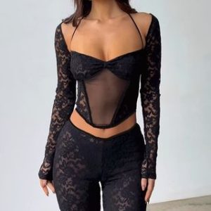 Long-Sleeve Halter Lace-Up Cropped Corset Top / Low Rise Lace Bootcut Pants