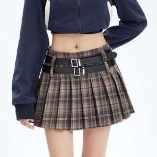Mid Rise Plaid Pleated Mini A-Line Skirt