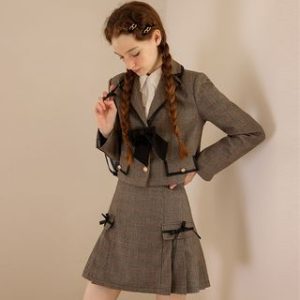 Notch Lapel Plaid Bow Single Breasted Blazer / High Waist Pleated Mini A-Line Skirt