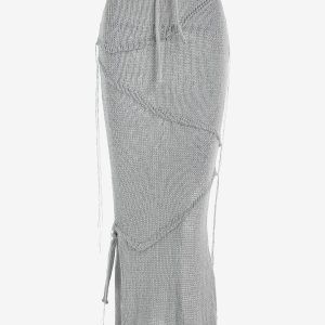 Solid Color Side Slit Knit Tie Front Skirt L Gray