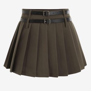 Solid Color Zip Front Belt Preppy Pleated Skirt L Coffee