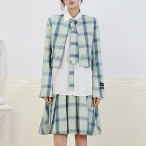 V-Neck Plaid Double Breasted Blazer / High Waist Pleated Mini A-Line Skirt