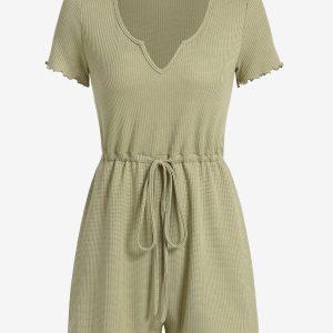 Women Jumpsuit ZAFUL Women's Daily Casual Drawstring Waist Knitted V Notched Short Sleeve Loose Romper S Light green