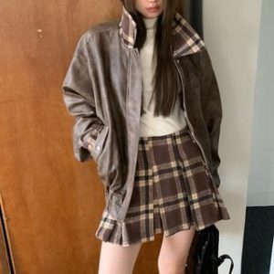Faux Leather Plaid Collar Zip Jacket / High Waist Plaid Pleated Mini A-Line Skirt