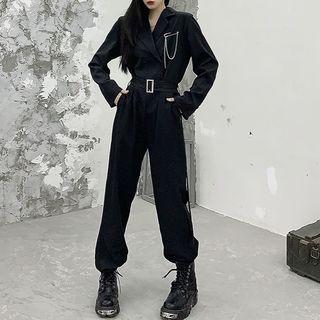 Long-Sleeve Lapel Collar Plain Chained Belted Double-Breasted Loose Fit Jumpsuit