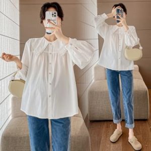 Maternity Long-Sleeve Button-Up Blouse / Straight Leg Jeans
