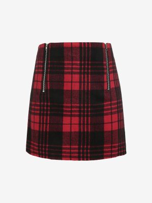 Women Bottoms ZAFUL Plus Size Double Zip Tartan Plaid Wool Blend Skirt L Red