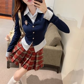 Long-Sleeve Collared Applique Mock Two Piece Button Top / High Waist Plaid Pleated Mini A-Line Skirt
