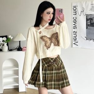 Long-Sleeve Halter-Neck Butterfly Applique Crop Sweater / High Waist Plaid Pleated Mini A-Line Skirt