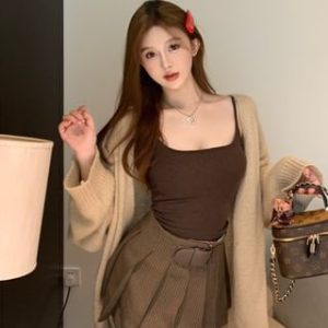Plain Camisole Top / High Waist Plaid Pleated Mini A-Line Skirt / Cardigan
