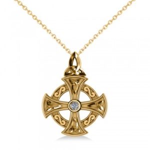 Diamond Celtic Cross Pendant Necklace 14K Yellow Gold (0.02ct)