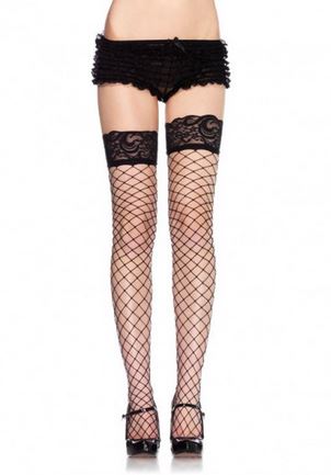 Lace Top Fence Net Thigh Highs - One Size - Black