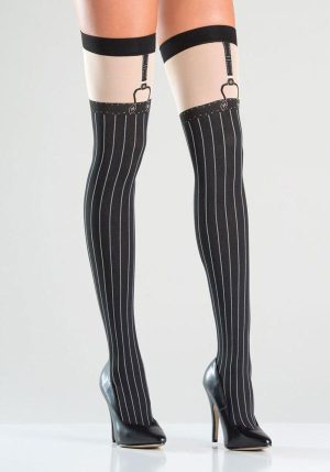 Opaque Faux Suspender Thigh Highs - Black-Nude With Pinstrip Design